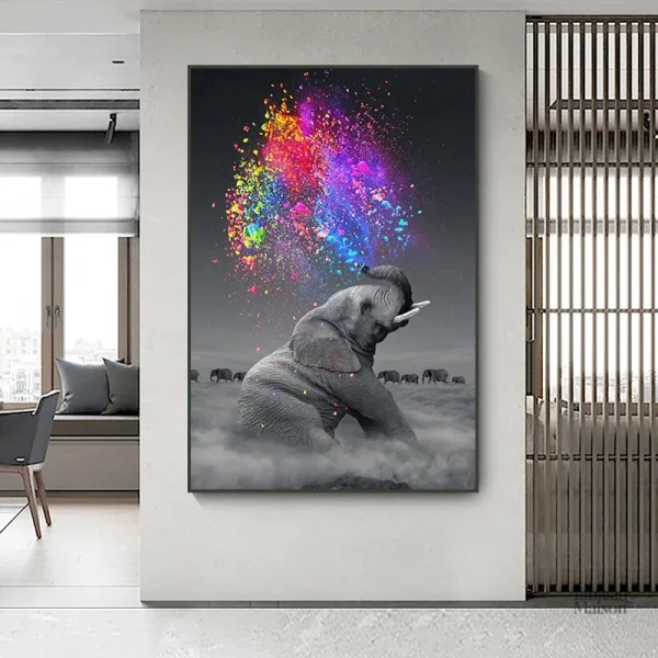 Tableau éléphant avec trompe en l'air, décor mural