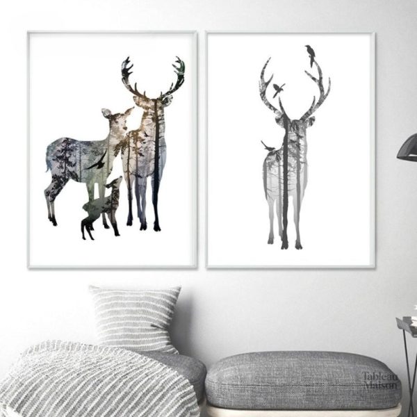 Art mural représentant une scène de cerfs en famille
