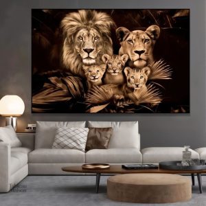 Tableau de lions en famille, décoration murale artistique