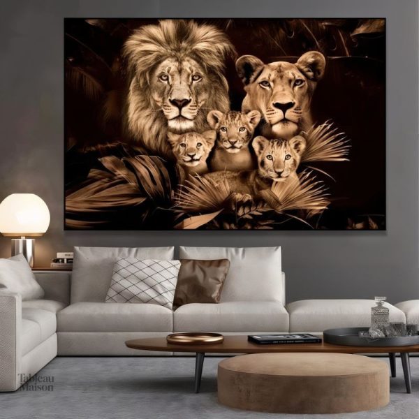 Tableau de lions en famille, décoration murale artistique