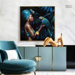 Art mural représentant une femme africaine et un perroquet