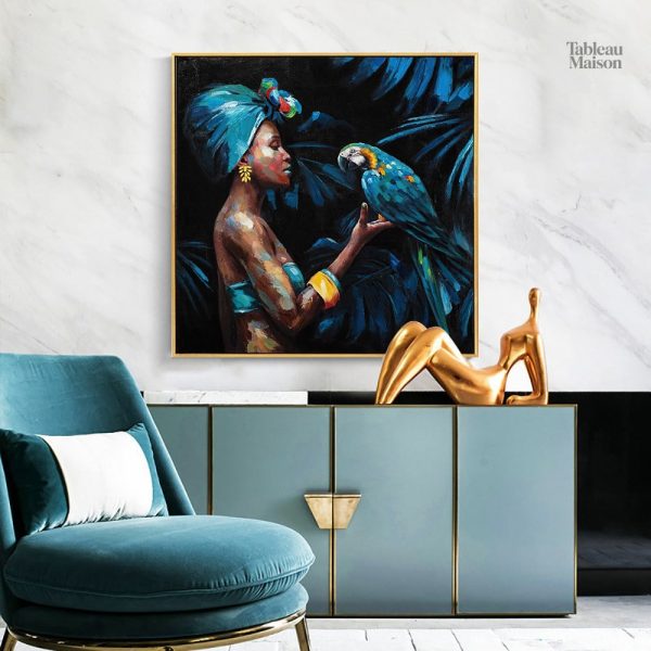 Art mural représentant une femme africaine et un perroquet