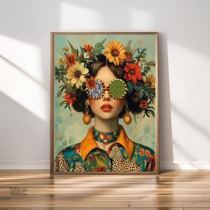 Femme bohème avec fleurs dans les cheveux en tableau