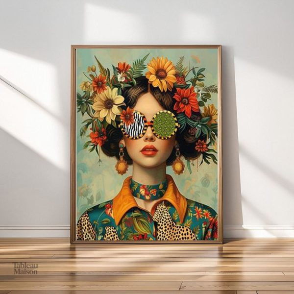 Femme bohème avec fleurs dans les cheveux en tableau