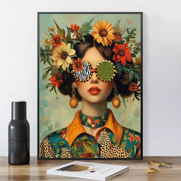 Tableau artistique d'une femme aux cheveux fleuris