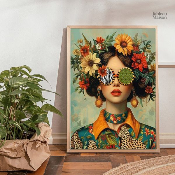 Illustration d'une femme bohème entourée de fleurs