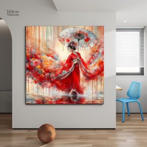 Tableau illustrant une femme asiatique sous une ombrelle
