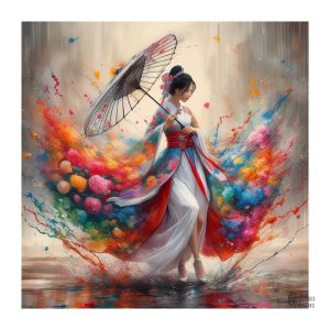 Femme en tenue Hanfu traditionnelle avec ombrelle colorée