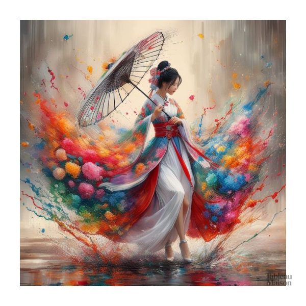 Femme en tenue Hanfu traditionnelle avec ombrelle colorée