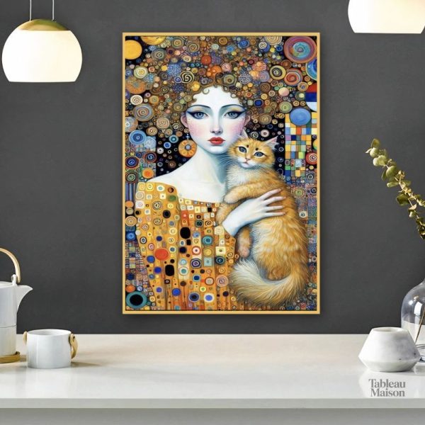 Oeuvre artistique représentant une femme et son chat