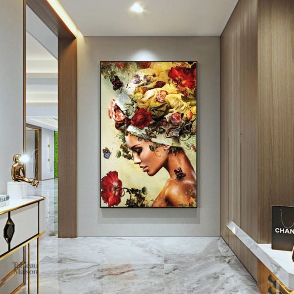 Femme entourée de fleurs, tableau moderne et féminin