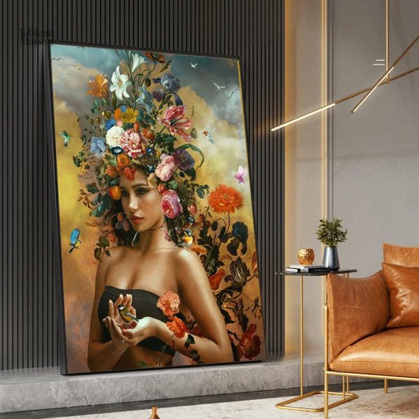 Art mural représentant une femme avec des fleurs