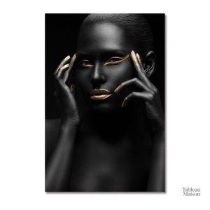Tableau artistique femme en noir et or, style moderne