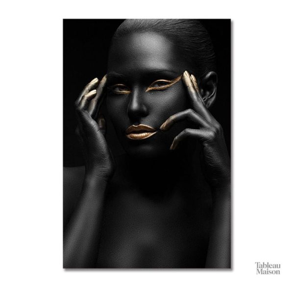 Tableau artistique femme en noir et or, style moderne