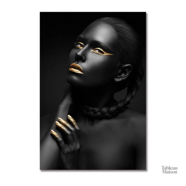Illustration femme stylisée, dominantes noir et or