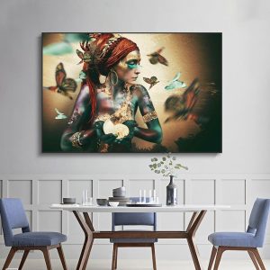 Tableau femme aux papillons colorés, art mural moderne