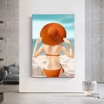 Tableau femme à la plage en couleurs vives et apaisantes