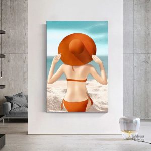 Tableau femme à la plage en couleurs vives et apaisantes