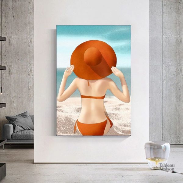 Tableau femme à la plage en couleurs vives et apaisantes