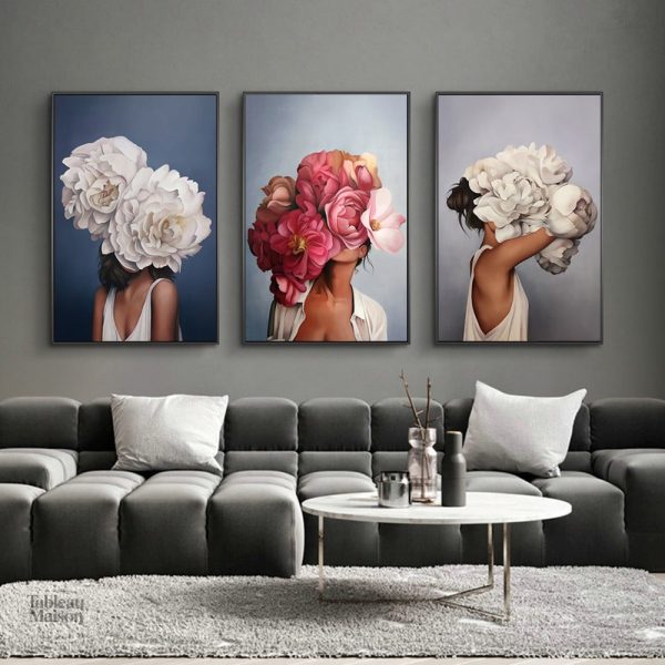 Tableau femme avec tête de fleur artistique