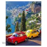 Art mural représentant une Fiat 500 sur la plage italienne