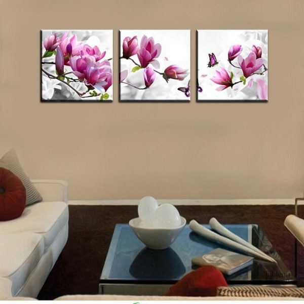 Art mural floral avec des magnolias roses et blancs