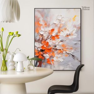 Tableau abstrait de fleurs blanches et oranges