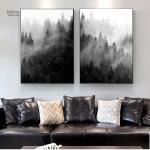 Art mural forêt mystérieuse en noir et blanc