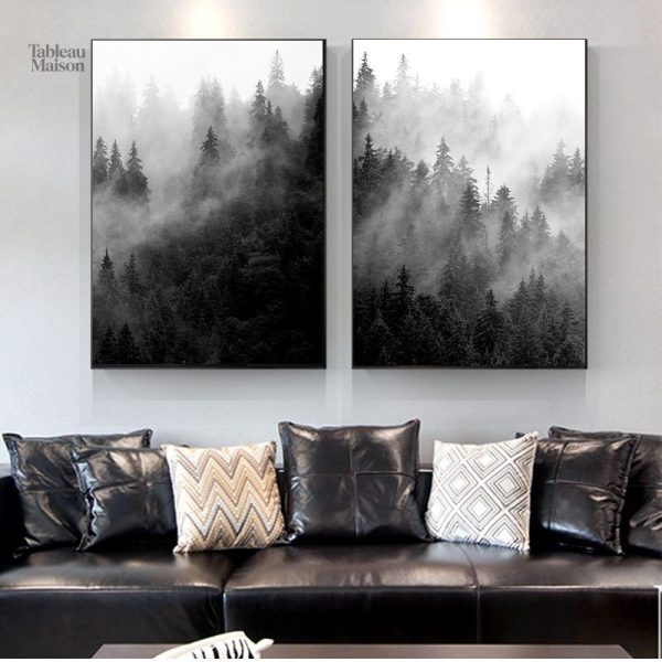 Art mural forêt mystérieuse en noir et blanc