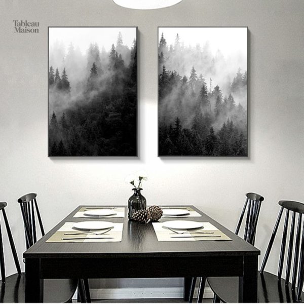 Tableau de paysage brumeux avec arbres