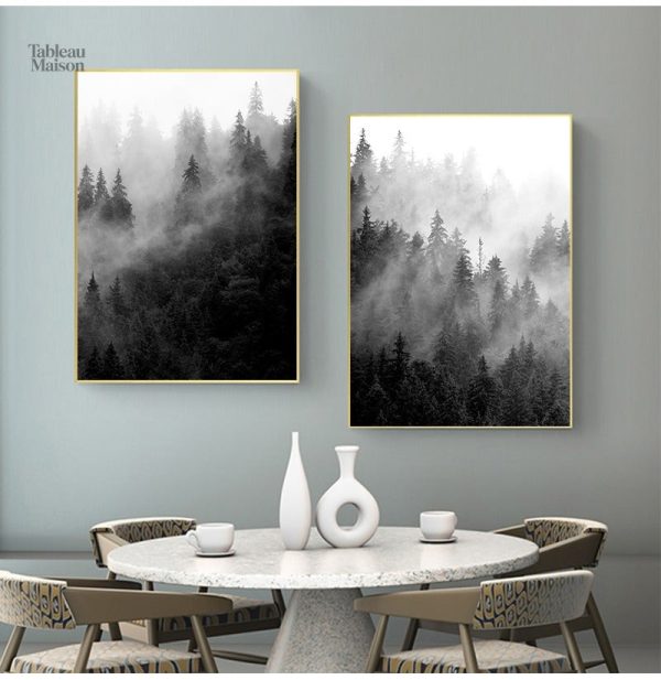 Art mural forêt en noir et blanc