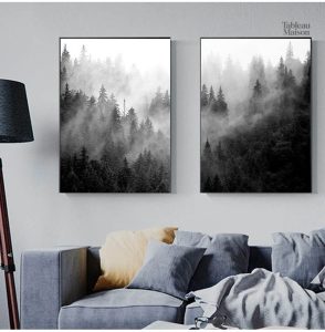 Tableau minimaliste forêt en noir et blanc