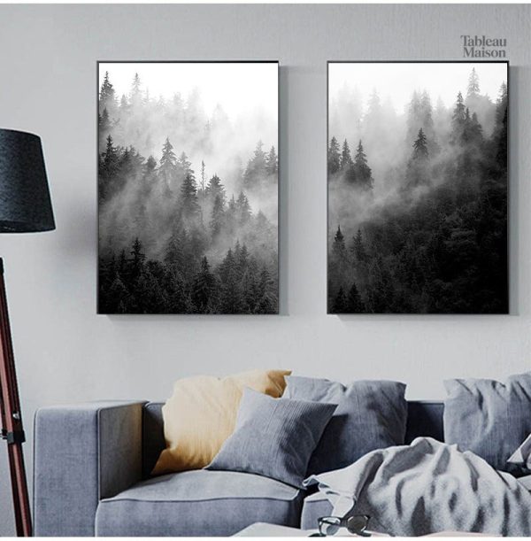 Tableau minimaliste forêt en noir et blanc