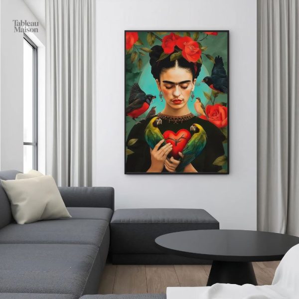 Tableau Frida Kahlo avec perroquets et roses colorés