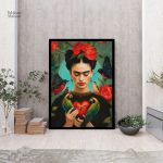 Oeuvre inspirée de Frida Kahlo, affichant perroquets vibrants