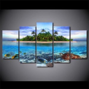 Art mural tropical évoquant des paysages exotiques et sereins