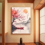 Tableau Japonais Zen avec Cerisier en Fleur et Lac