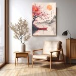 Cerisier en fleur sur fond de lac paisible, tableau zen