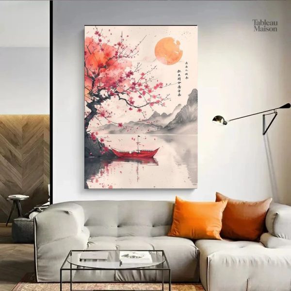 Art japonais représentant un cerisier en fleur et un lac