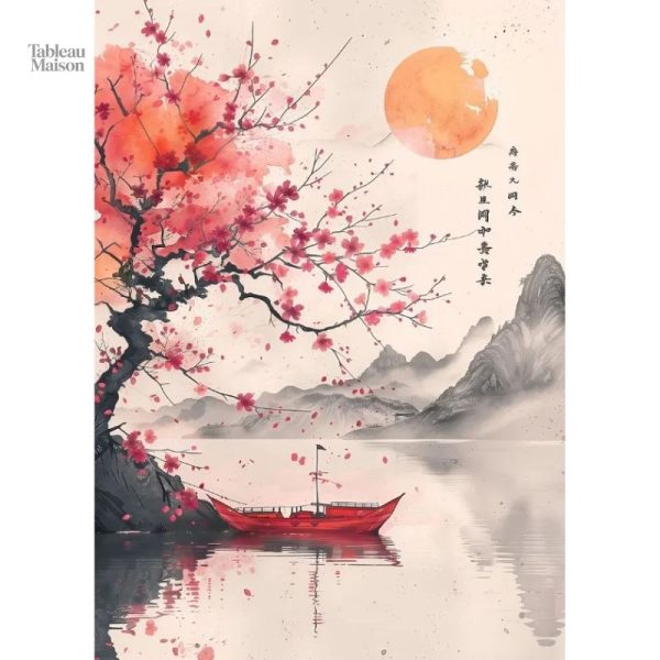 Tableau zen japonais illustrant un paysage de cerisier et lac