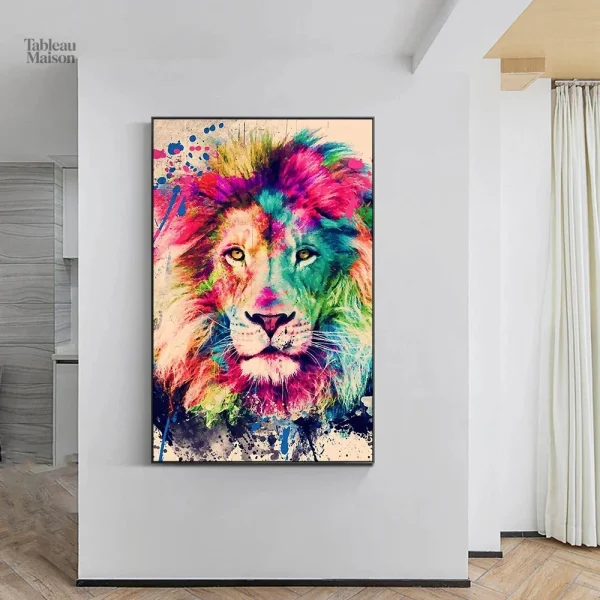 Tableau coloré représentant un lion vibrant et artistique