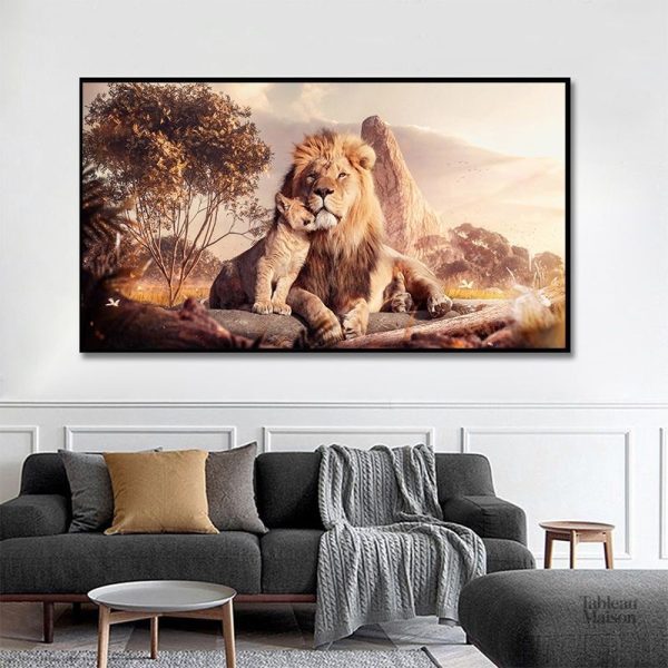 Tableau représentant un lion et son lionceau