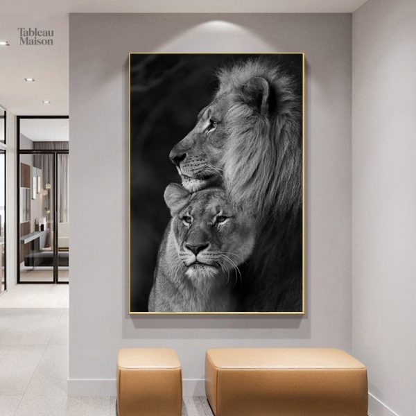 Détail d'un tableau lion et lionne, symbole de force