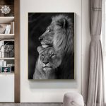 Tableau moderne d'un couple de lions en pleine nature