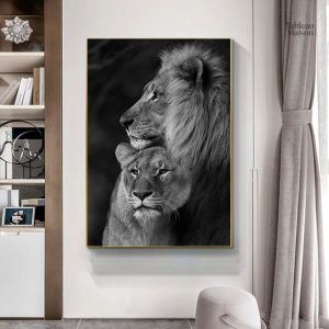 Tableau moderne d'un couple de lions en pleine nature