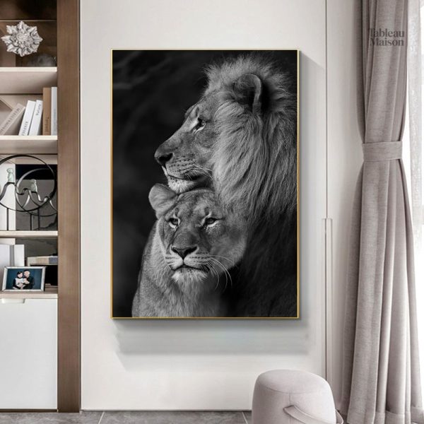 Tableau moderne d'un couple de lions en pleine nature