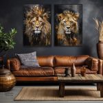 Tableau élégant d'un lion avec une couronne dorée