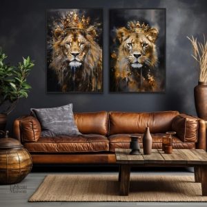 Tableau élégant d'un lion avec une couronne dorée