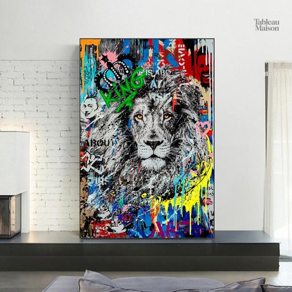 Tableau lion street art coloré et moderne