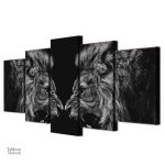 Illustration de lions en tête-à-tête, style artistique unique